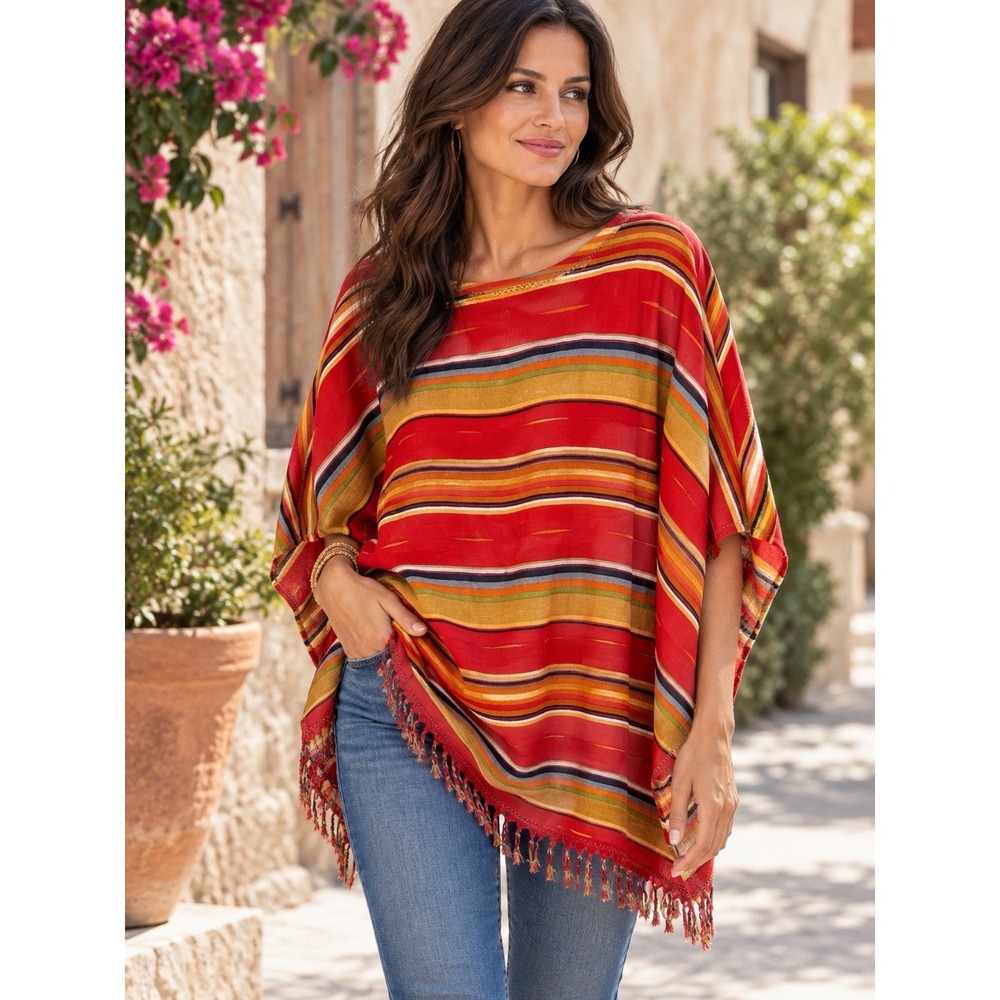 Ryan Michael Red Stripe Kimono Poncho~S/M~Linen Fringe Hippie Festival Retro 60s